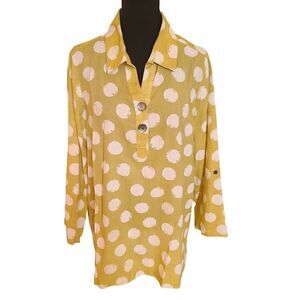 Lior Womens Rayon Blend Tunic Blouse Collared Rolled Sleeve Polka Print Medium
